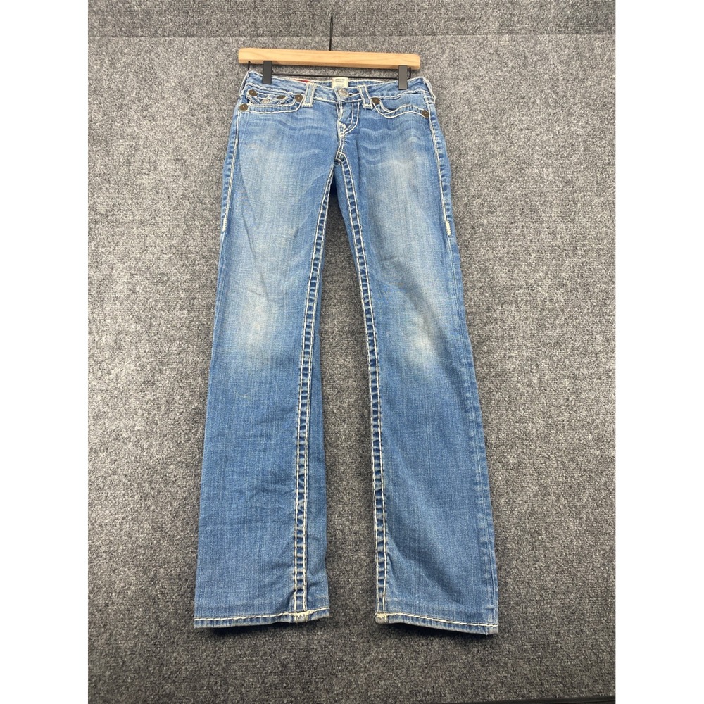 True Religion Billy Super T Jeans Womens 26 Blue Straight Leg White Stitch Denim